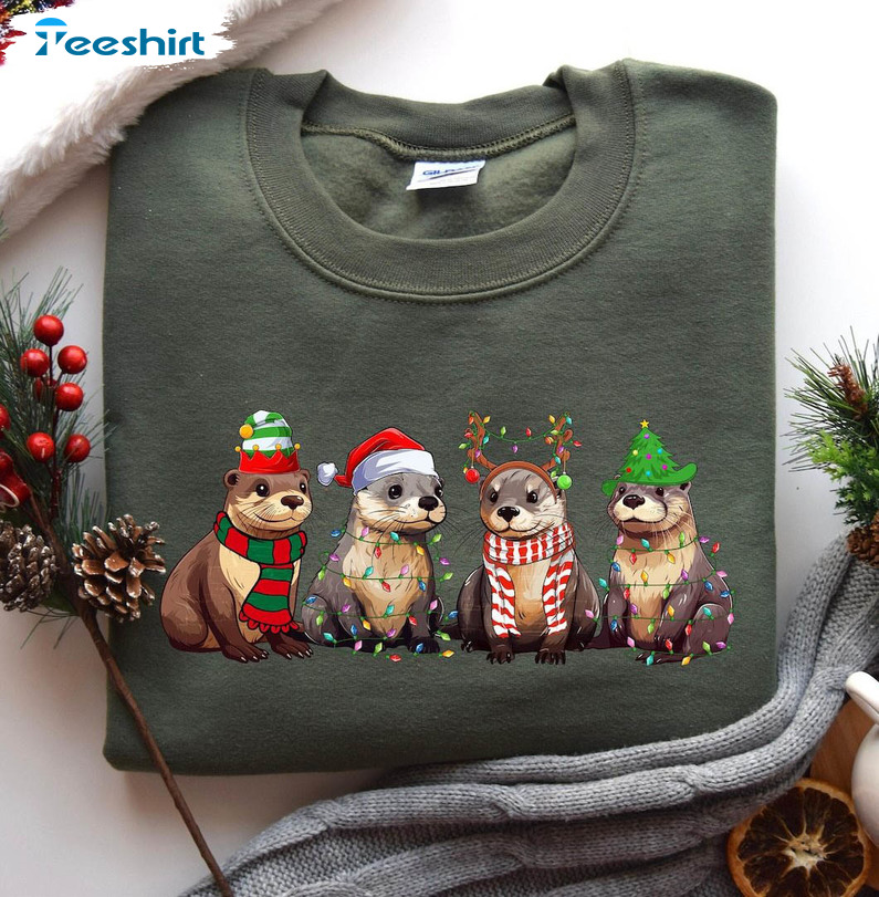 Otters Christmas Lights Shirt, Merry Christmas Short Sleeve Crewneck