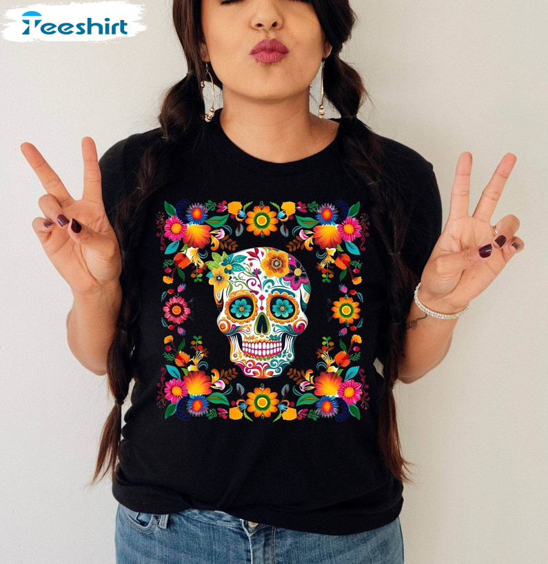 Dia De Los Muertos Shirt, Floral Skull T-shirt Tee Tops