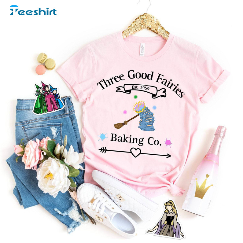 Three Good Fairies Baking Co Shirt, Princess Aurora Birthday Cake Crewneck Sweater