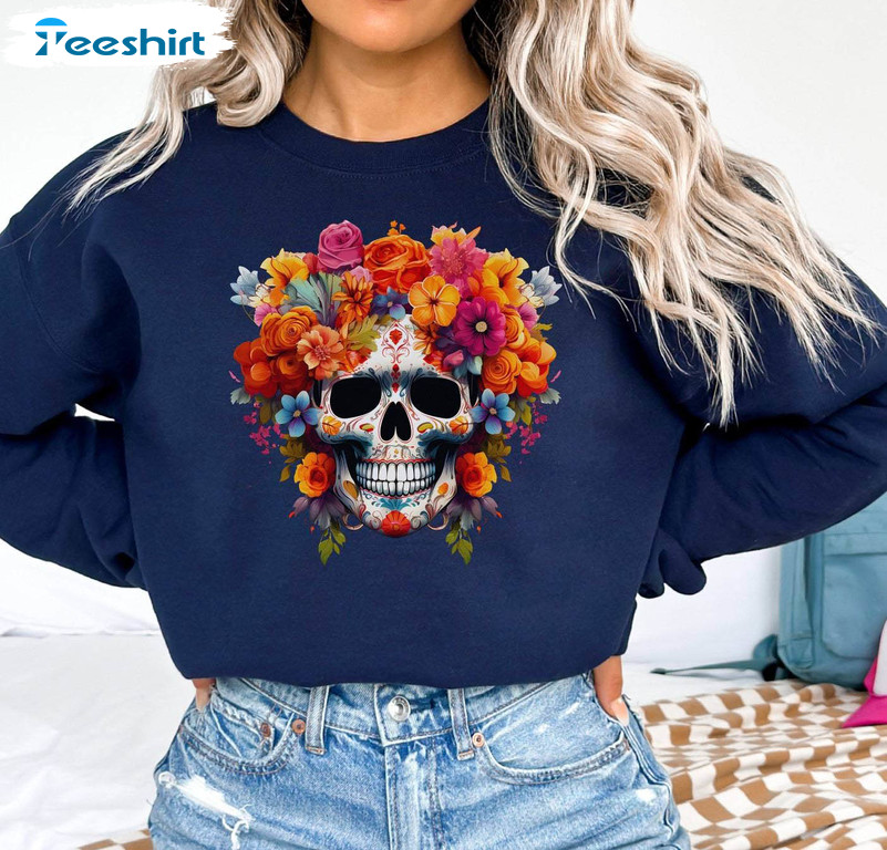 Dia De Los Muertos Colorful Shirt, Skeleton And Roses Tee Tops Crewneck