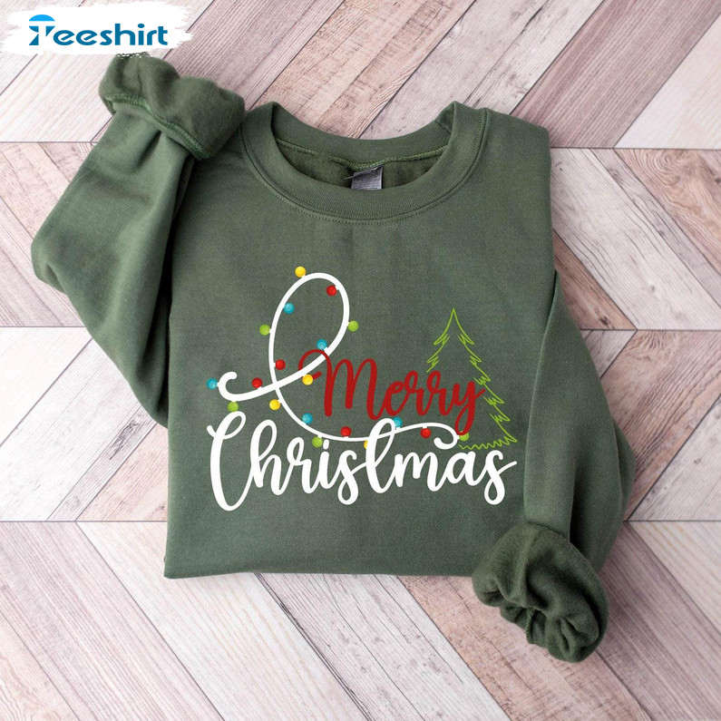 Merry Christmas Tree Shirt, Christmas Holiday Short Sleeve Sweatshirt