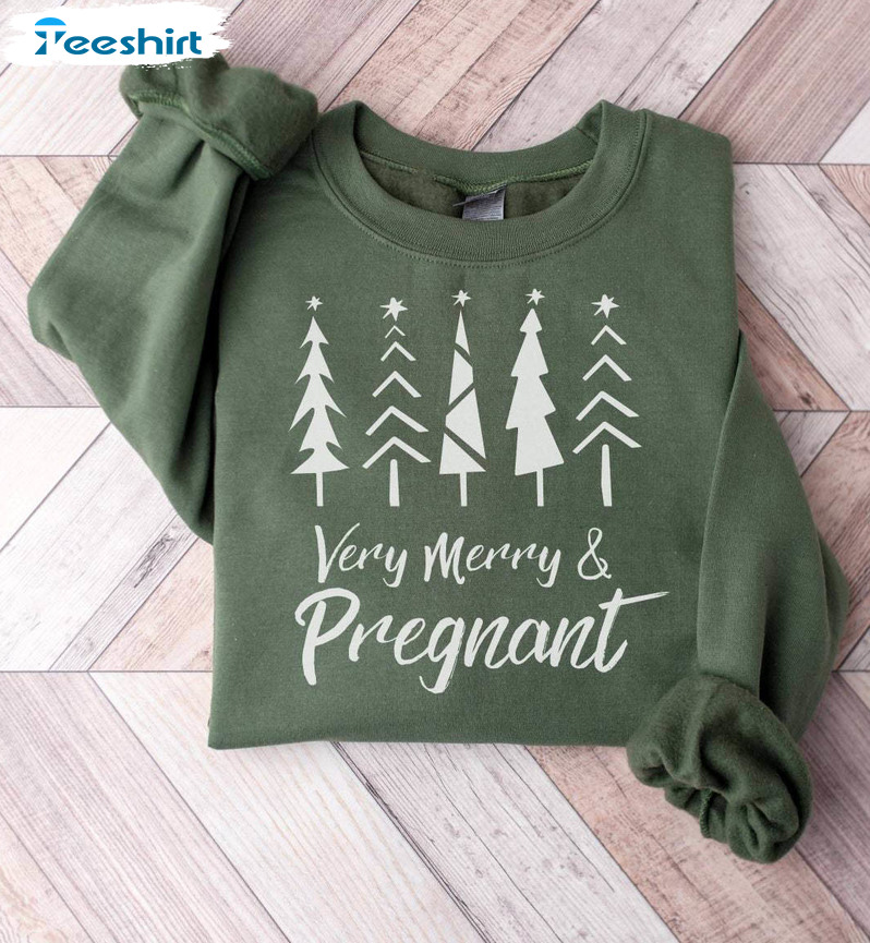 Merry And Pregnant Shirt, Christmas Pregnancy Announcement Unisex T Shirt Long Sleeve