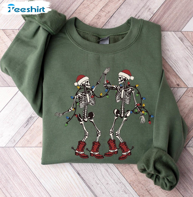 Christmas Dancing Skeleton Shirt, Skeleton Western Unisex Hoodie Long Sleeve