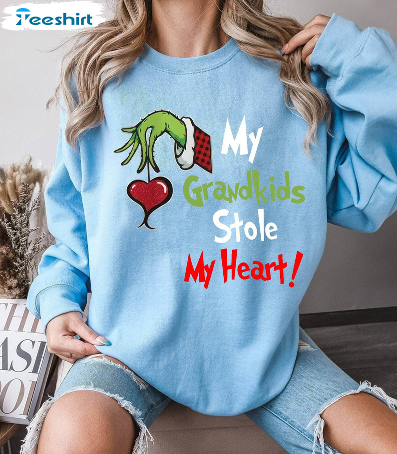 My Grandkids Stole My Heart Funny Shirt, Grinchmas Hand T-shirt Sweater