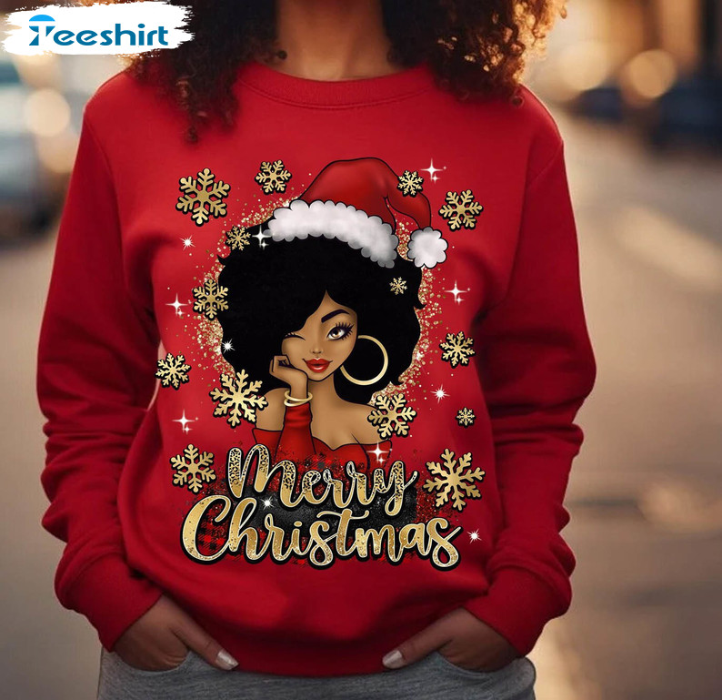 Black Women Merry Christmas Shirt, Festive Tee Tops Unisex Hoodie