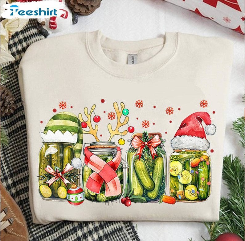 Canned Pickles Christmas Shirt, Christmas Pickle Lover Short Sleeve Crewneck Sweatshirt