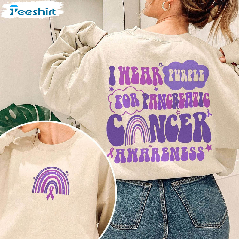 I Wear Purple For My Mom Pancreatic Cancer Shirt, Pancreatic Purple Ribbon Sweater Long Sleeve