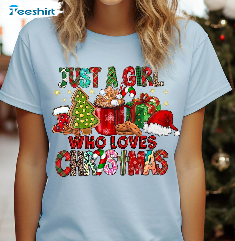 Just A Girl Who Loves Christmas Shirt, Christmas Candy Tree Tee Tops Crewneck Sweatshirt