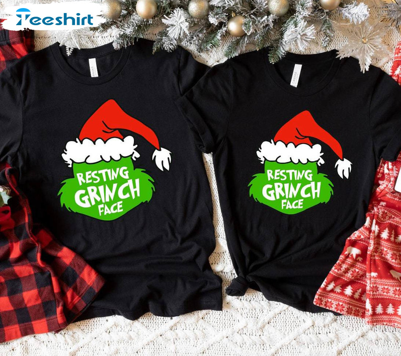 Santa Hat Resting Grinch Face Shirt, Christmas Grinch Short Sleeve Tee Tops