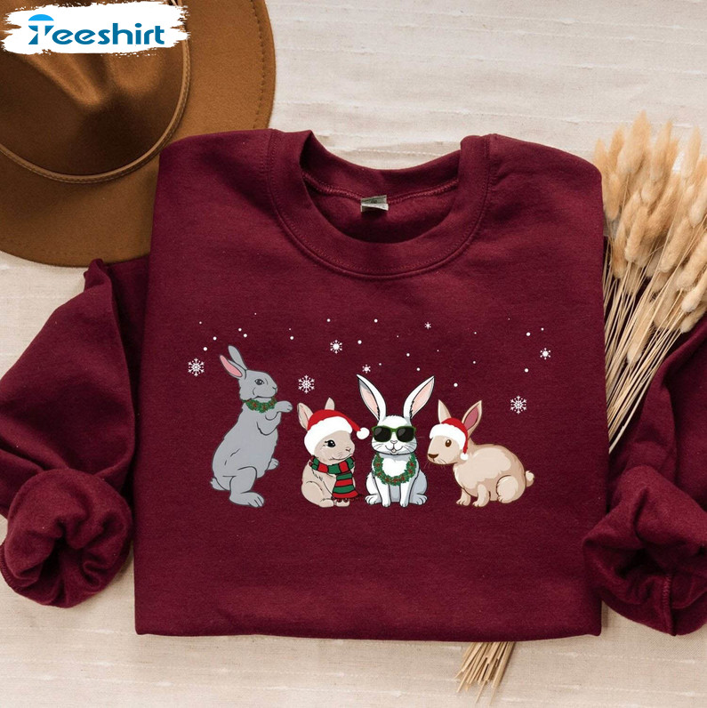 Rabbit Christmas Shirt, Cute Christmas Bunnies Short Sleeve Sweater