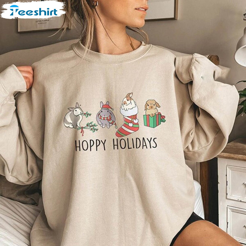 Christmas Bunnies Sweatshirt, Hoppy Holidays Bunny Long Sleeve Unisex T Shirt