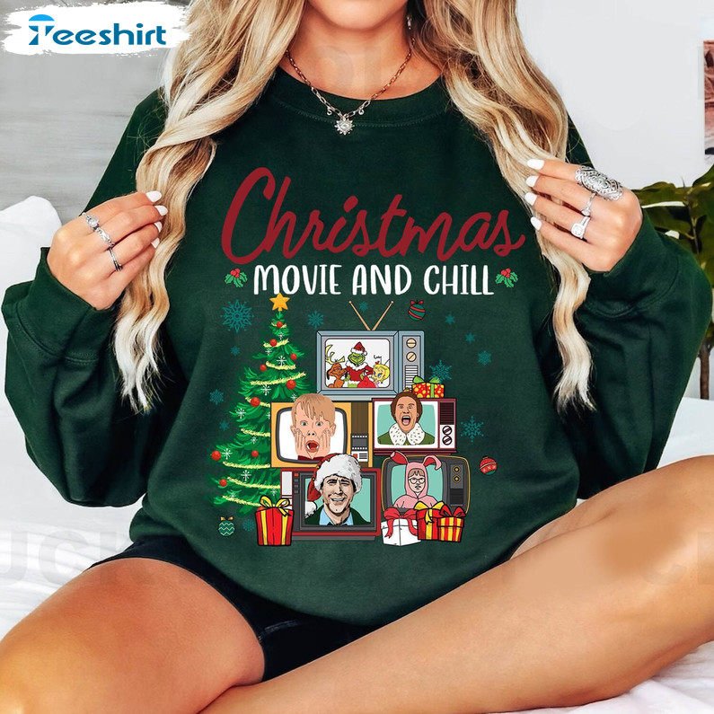 Christmas Movie And Chill Shirt, Movie Cassette Funny Short Sleeve Tee Tops