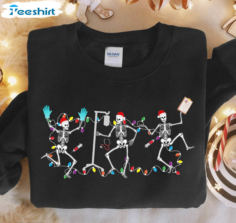 Skeleton Nurse Christmas Cute Shirt, Skeleton Dancing Long Sleeve Short Sleeve