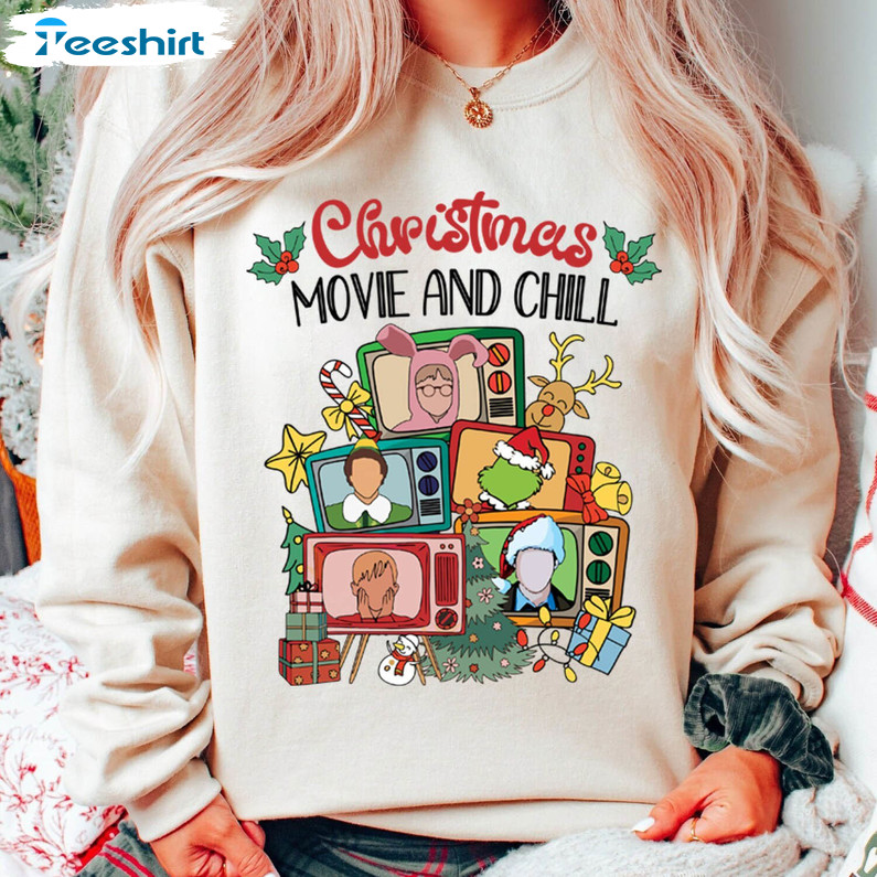 Christmas Movie And Chill Shirt, Movie Cassette Crewneck Sweatshirt Tee Tops