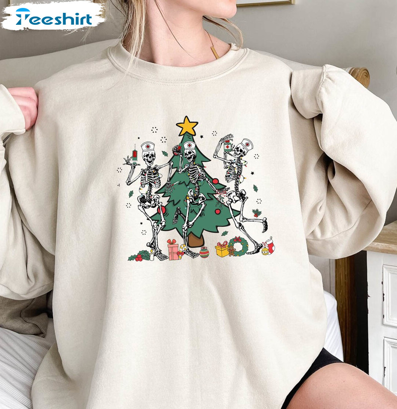 Christmas Tree Skeleton Dancing Nurse Shirt, Christmas Nurse Tee Tops Unisex T Shirt