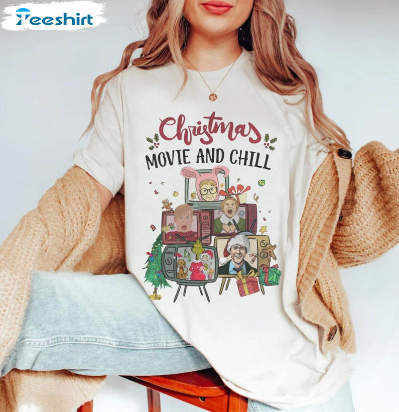 Christmas Movie And Chill Shirt, Christmas Funny Tee Tops Short Sleeve