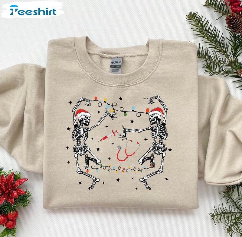 Skeleton Nurse Christmas Shirt, Christmas Funny Crewneck Sweatshirt Long Sleeve