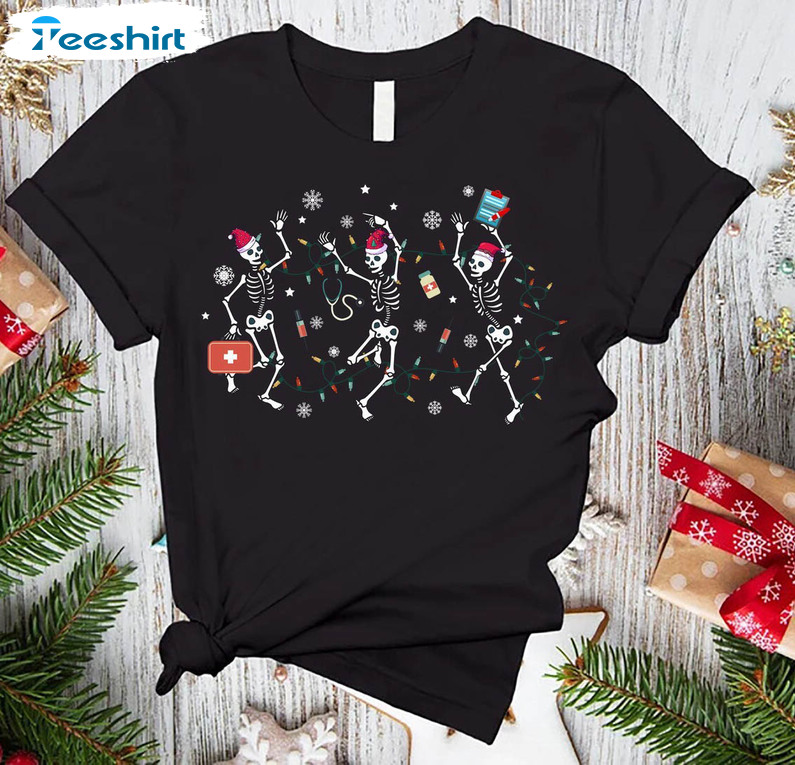 Skeleton Nurse Christmas Shirt, Dancing Skeleton Christmas Hoodie Tee Tops