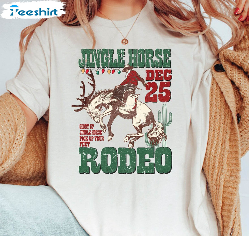 Jingle Horse Rodeo Cowboy Christmas Shirt, Christmas Western Tee Tops Short Sleeve