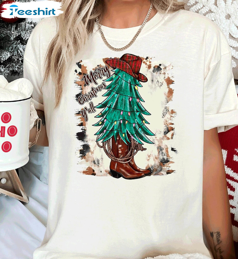 Comfort Country Christmas Shirt, Cowboy Tree Cowboy Boots Tee Tops Short Sleeve