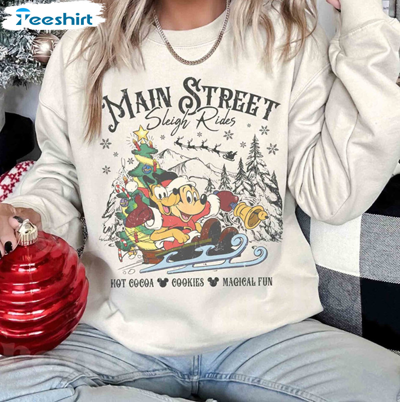 Retro Main Street Sleigh Rides Shirt, Disney Christmas Short Sleeve Crewneck Sweatshirt