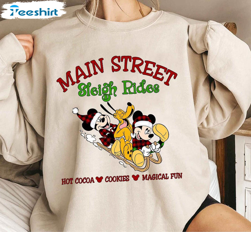 Main Street Sleigh Rides Christmas Shirt, Mickey And Friends Long Sleeve Crewneck Sweatshirt