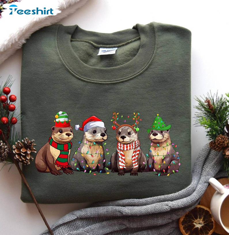 Otters Christmas Lights Shirt Otters Merry Christmas Tee Tops Crewneck Sweatshirt