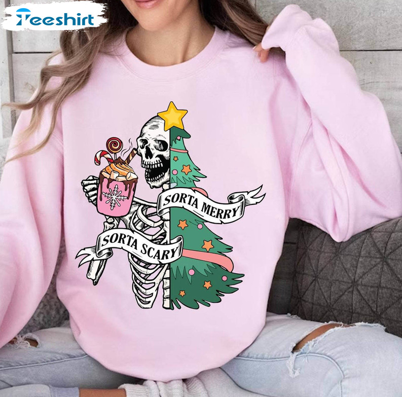 Sorta Merry Sorta Scary Shirt, Christmas Skeleton Tee Tops Unisex Hoodie