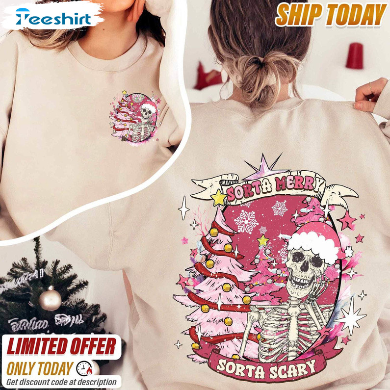 Sorta Merry Sorta Scary Funny Christmas Shirt, Cute Spooky Season Hoodie Crewneck Sweatshirt