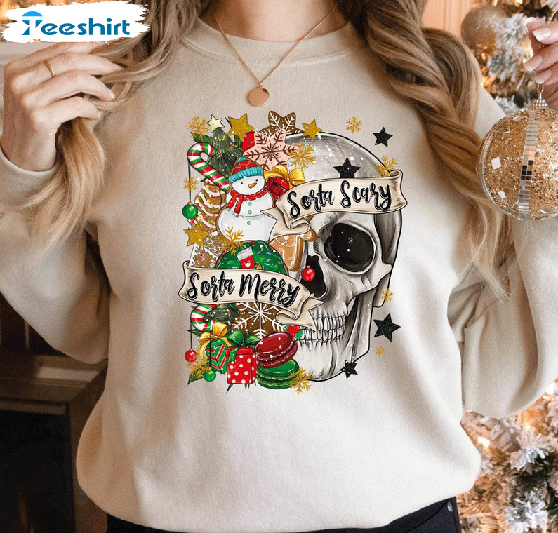 Sorta Merry Sorta Scary Trendy Shirt, Cute Spooky Season Sweater Long Sleeve