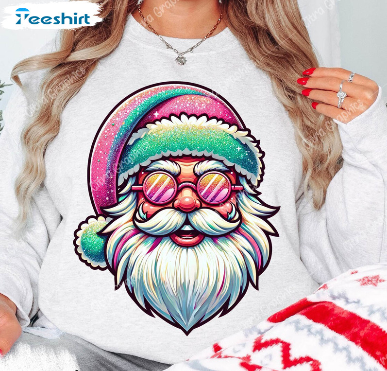 Santa With Sunglasses Shirt, Pink Santa Long Sleeve Unisex Hoodie