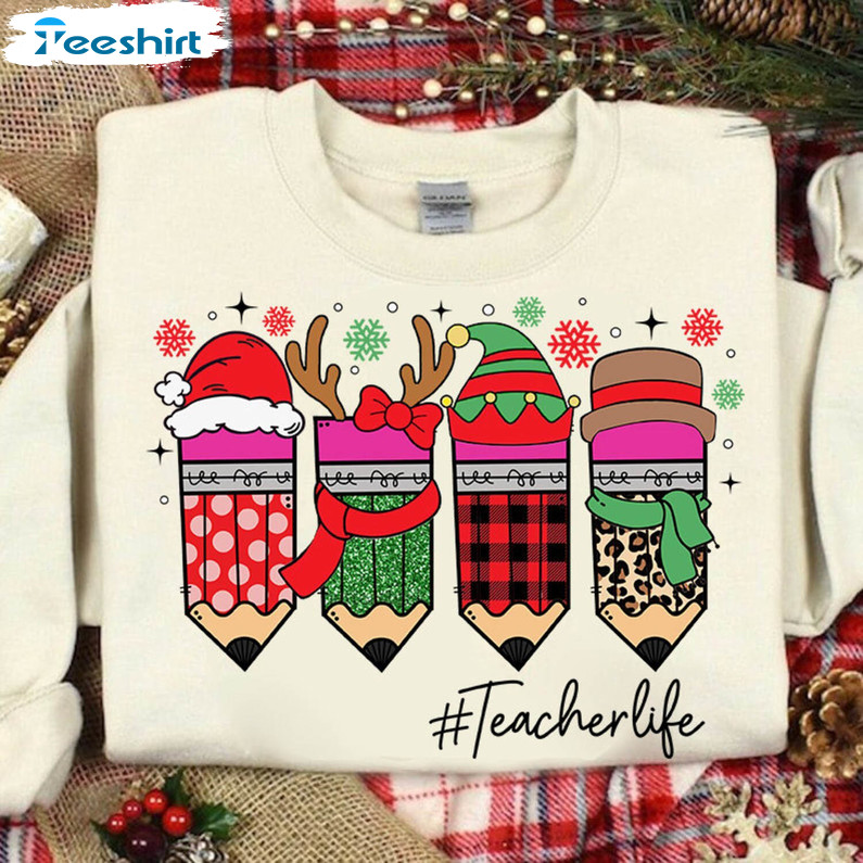 Cute Teacher Christmas Shirt, Christmas Pencils Unisex T Shirt Crewneck Sweatshirt