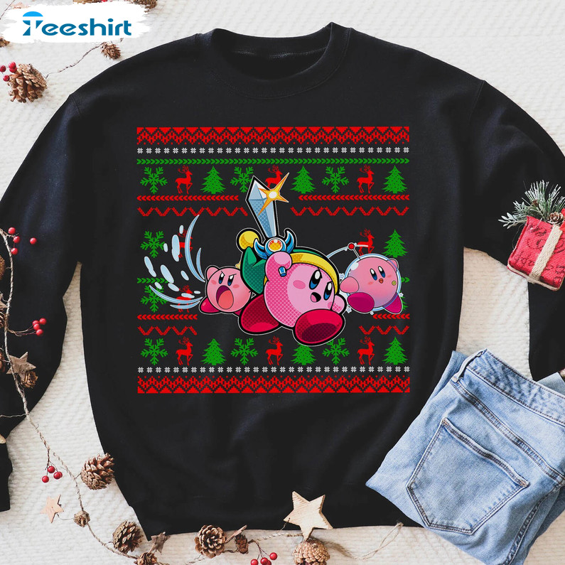 Funny Pink Game Shirt, Kirby Christmas Long Sleeve Sweater