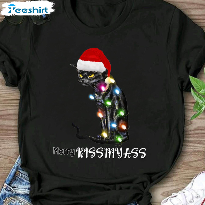 Merry Kissmyass Funny Shirt, Cat Christmas Lights Sweater Long Sleeve