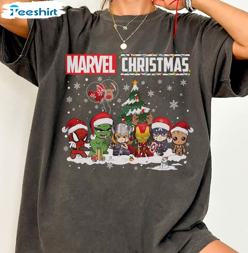 Chibi Marvel Friends Christmas Shirt , Marvel Superhero Long Sleeve Unisex Hoodie