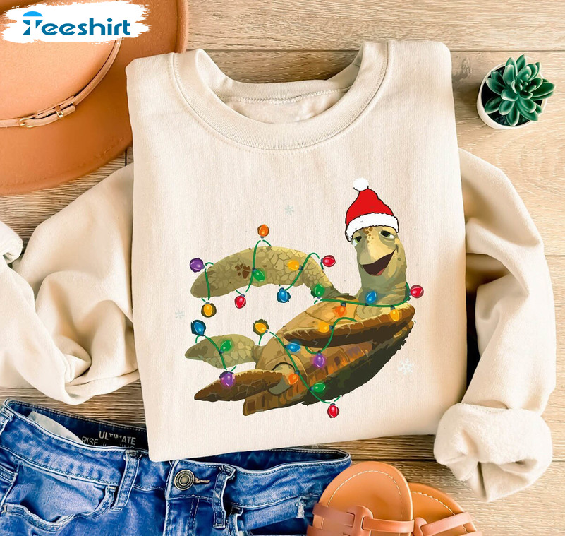 Funny Sea Turtle Santa Hat Shirt, Christmas Lights Hoodie Long Sleeve