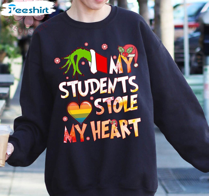 My Students Stole My Heart Shirt, Hand Heart Grinch Unisex Hoodie Sweater