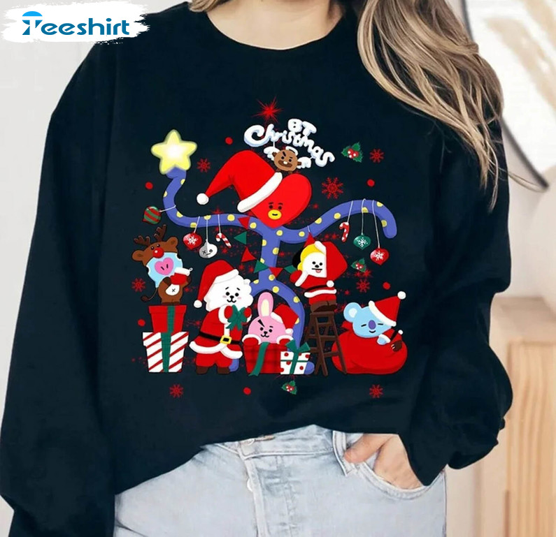 Cute Bts Bt21 Christmas Shirt, Christmas In July Kpop Bangtan Unisex Hoodie Long Sleeve