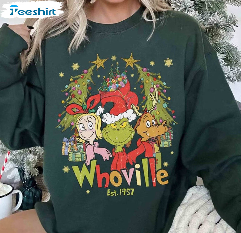 Whoville University Sweatshirt, Cute Grinch Christmas Short Sleeve Long Sleeve