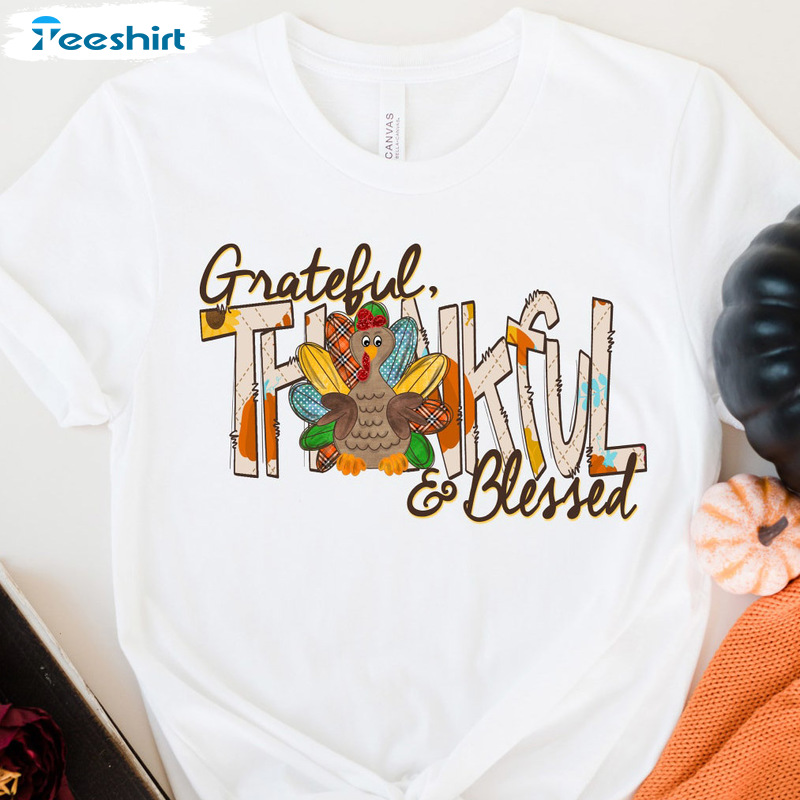 Grateful Blessed With Turkey Shirt - Thanksgiving Fall Vibes Crewneck Sweatshirt