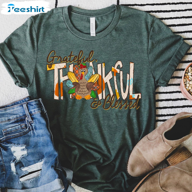 Grateful Blessed With Turkey Shirt - Thanksgiving Fall Short Sleeve Tee Tops