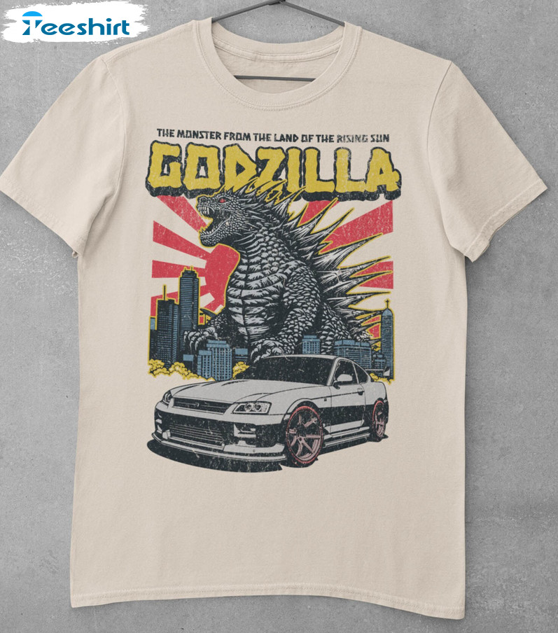 Groovy Godzilla And Car Vintage Sweatshirt , Godzilla Minus One Shirt Long Sleeve