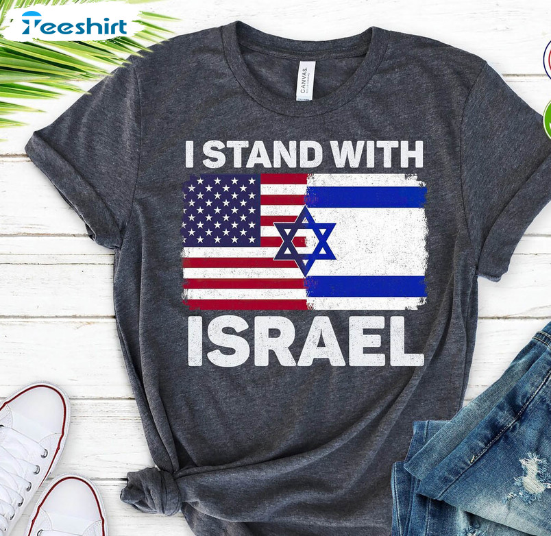 Groovy I Stand With Israel Shirt, Usa American Flag With Israel Flag Crewneck Hoodie