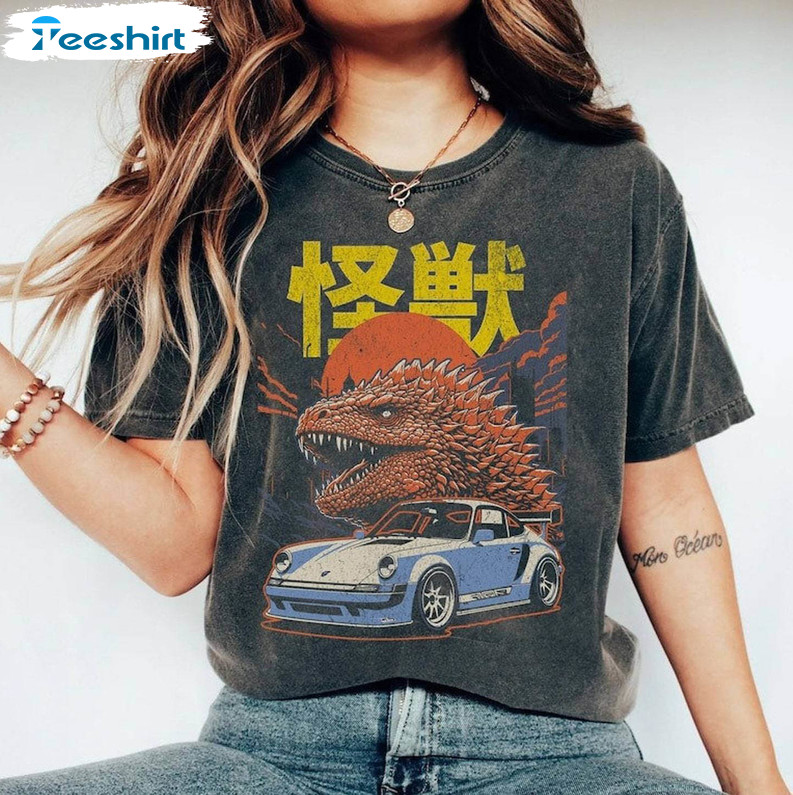 Trendy Godzilla And Car Sweatshirt , Godzilla Minus One Shirt Short Sleeve