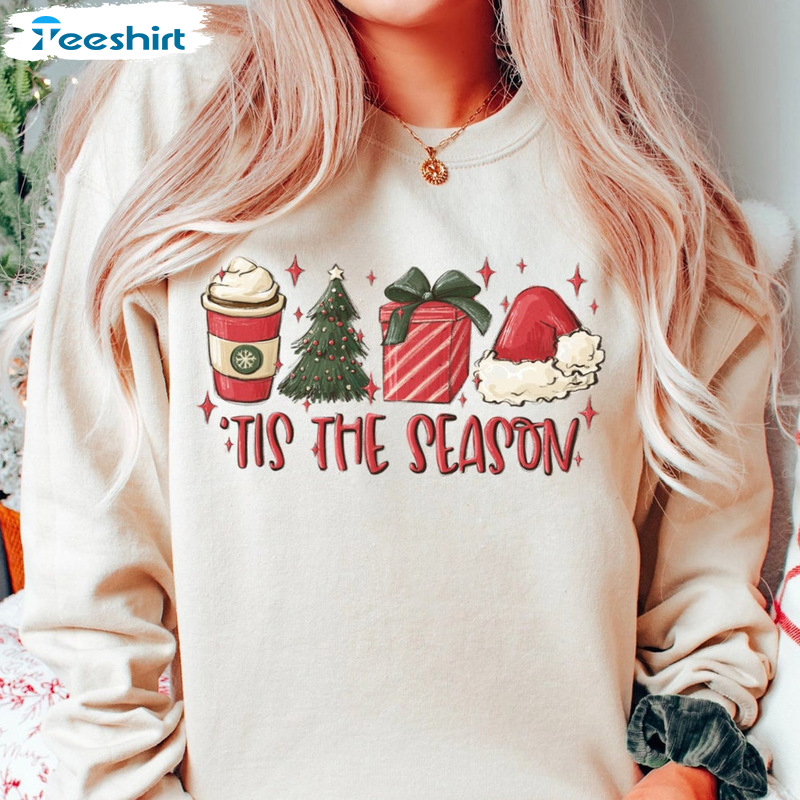 Tis The Season Christmas Shirt - Coffee Santa Christmas Tree Tee Tops Crewneck