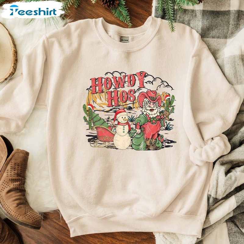 Howdy Hos Christmas Sweatshirt - Santa Cowboy Short Sleeve Sweater