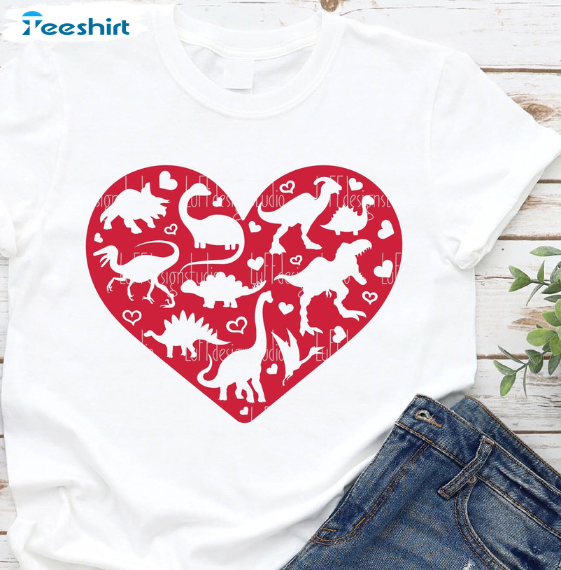 Cool Design Dinosaur Valentines Shirt, Valentine Dinosaur Crewneck Long Sleeve