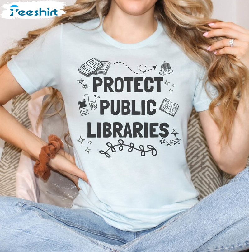 New Rare Protect The Library T Shirt, Public Libraries Crewneck Short Sleeve