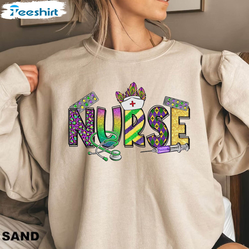 Funny Nurse Carnival Sweatshirt, New Rare Mardi Gras Nurse Shirt Short Sleeve