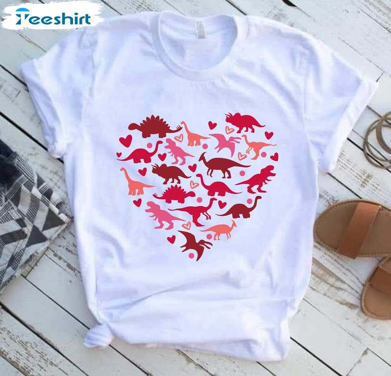 Comfort Dinosaur Valentines Shirt, Unique Dinosaur Heart Short Sleeve T Shirt